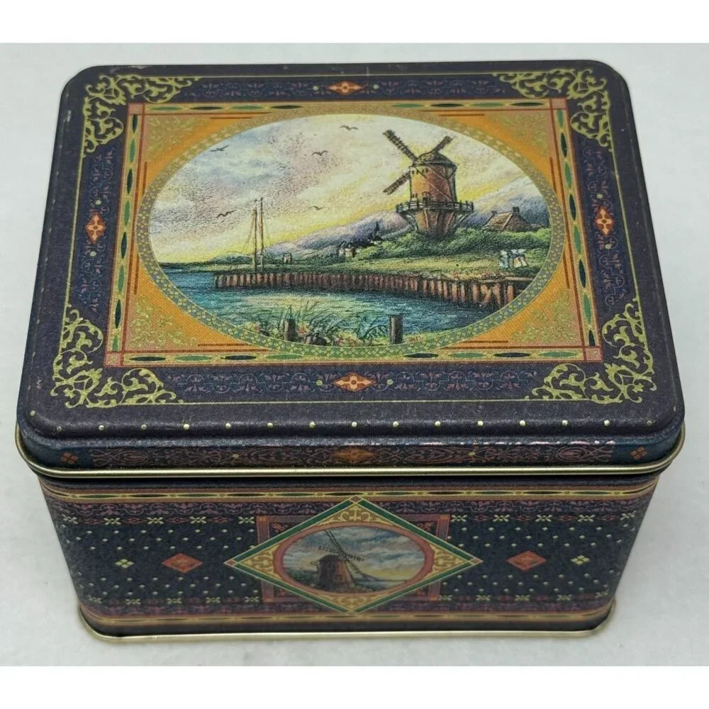 Vintage Square Tin Box Dutch Windmill Blue Gold Accents Lid Cottagecore Storage